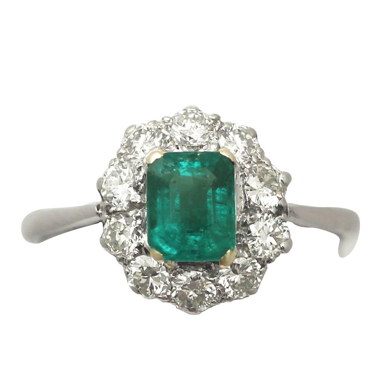 0.88 Ct Emerald and 0.65 Ct Diamond 18k White Gold Cluster Ring - Vintage