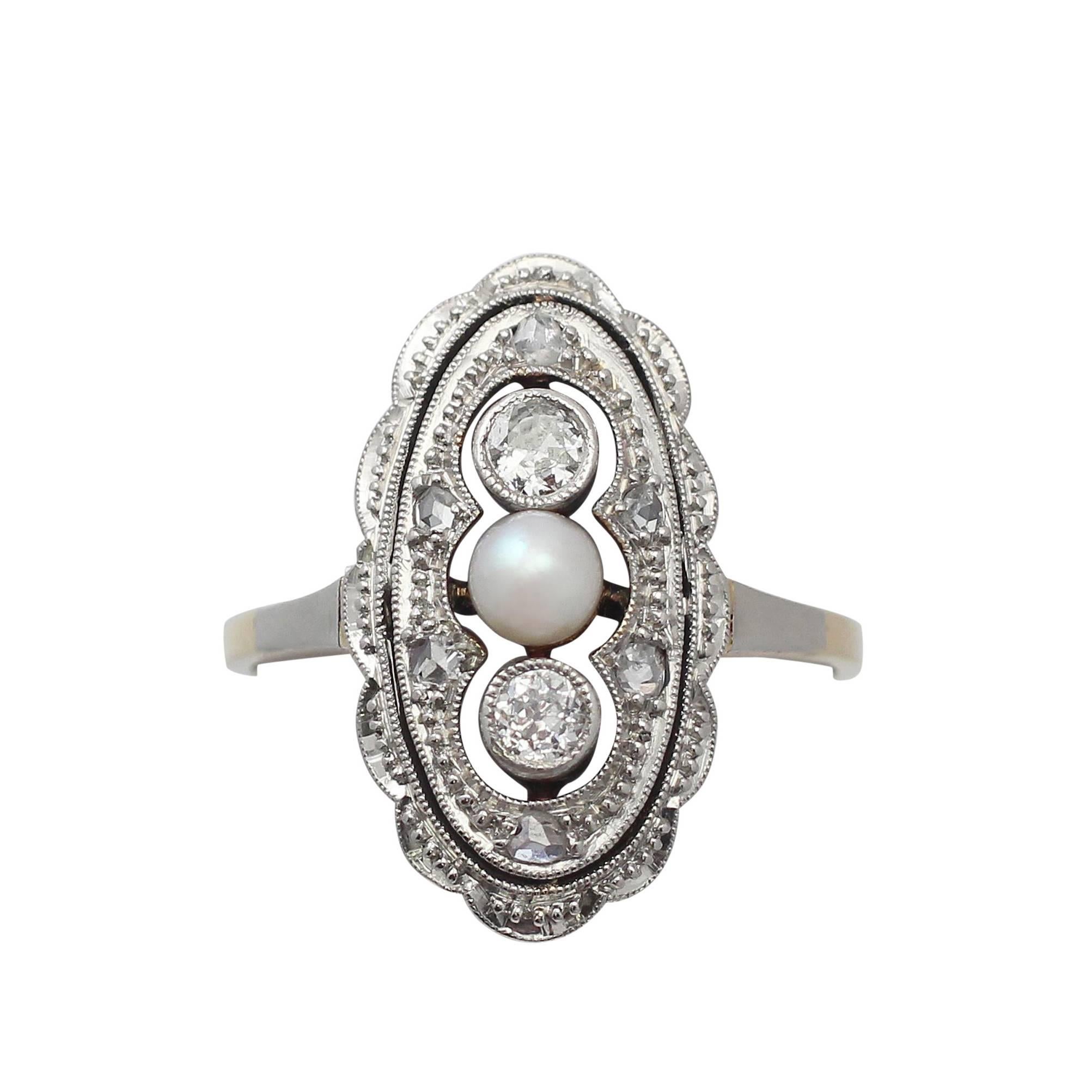 1920s Antique Diamond & Pearl Yellow Gold White Gold Set Cocktail Ring 