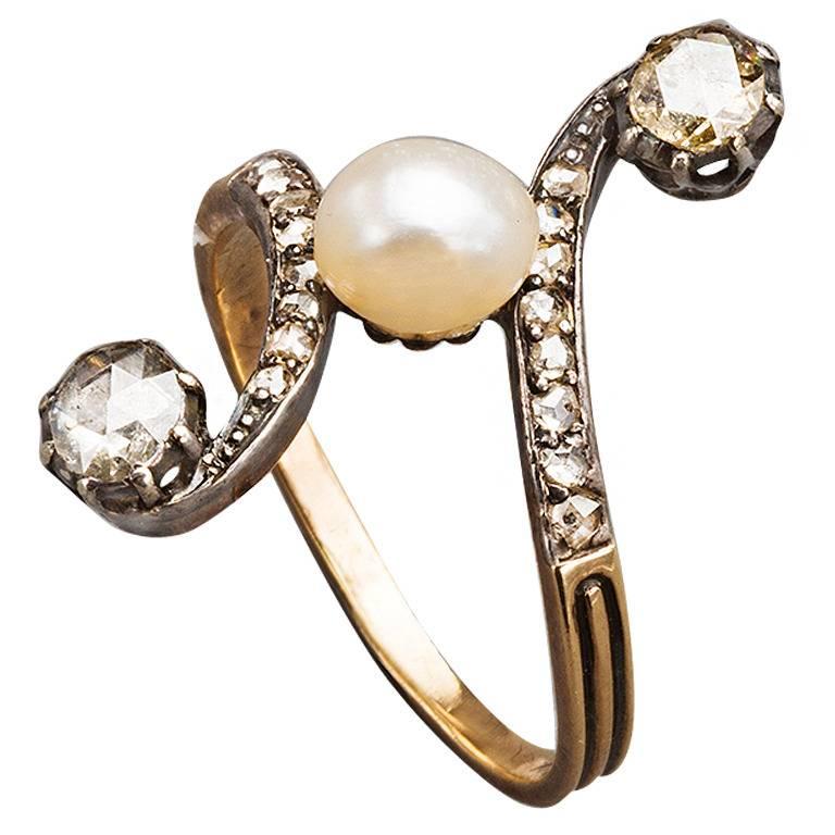 French Pearl Rose Diamond 18k Gold Ring, circa 1890 For Sale