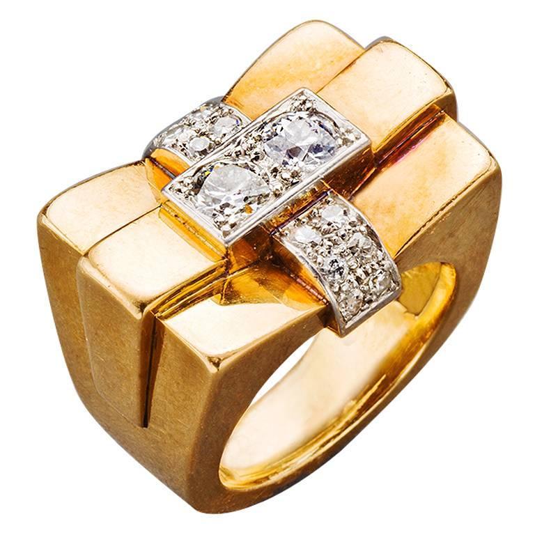 1940s French Diamond Gold Bridge Ring For Sale at 1stdibs