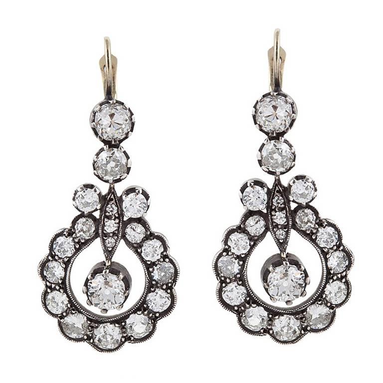 Victorian 9.20 Carats Diamond, 18 Karat Gold, Silver Pendant Earrings For Sale