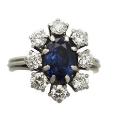 2.69Ct Sapphire and 1.52Ct Diamond, Platinum Cluster Ring - Vintage Circa 1960