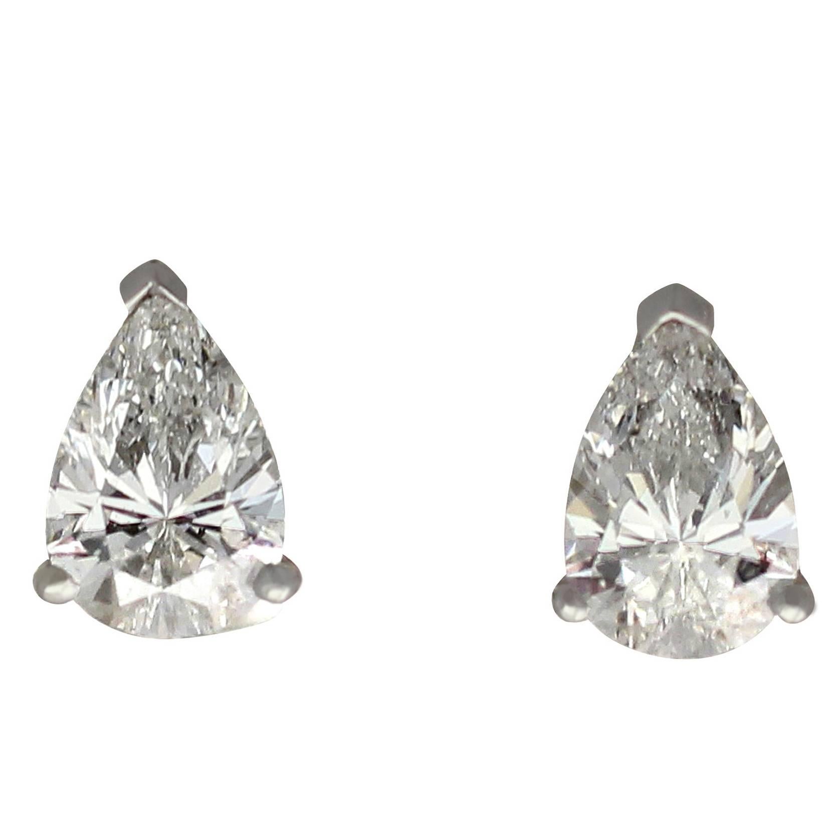 1.15Ct Pear Cut Diamond and Platinum Stud Earrings - Contemporary Circa 2000