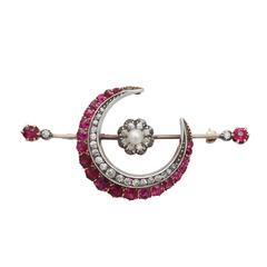 2.85Ct Ruby, 0.65Ct Diamond & Pearl, 9k Yellow Gold Crescent Brooch - Antique 5