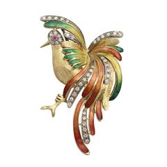 0.75Ct Diamond and 0.02Ct Ruby, Enamel and 18k Yellow Gold Bird Vintage Brooch
