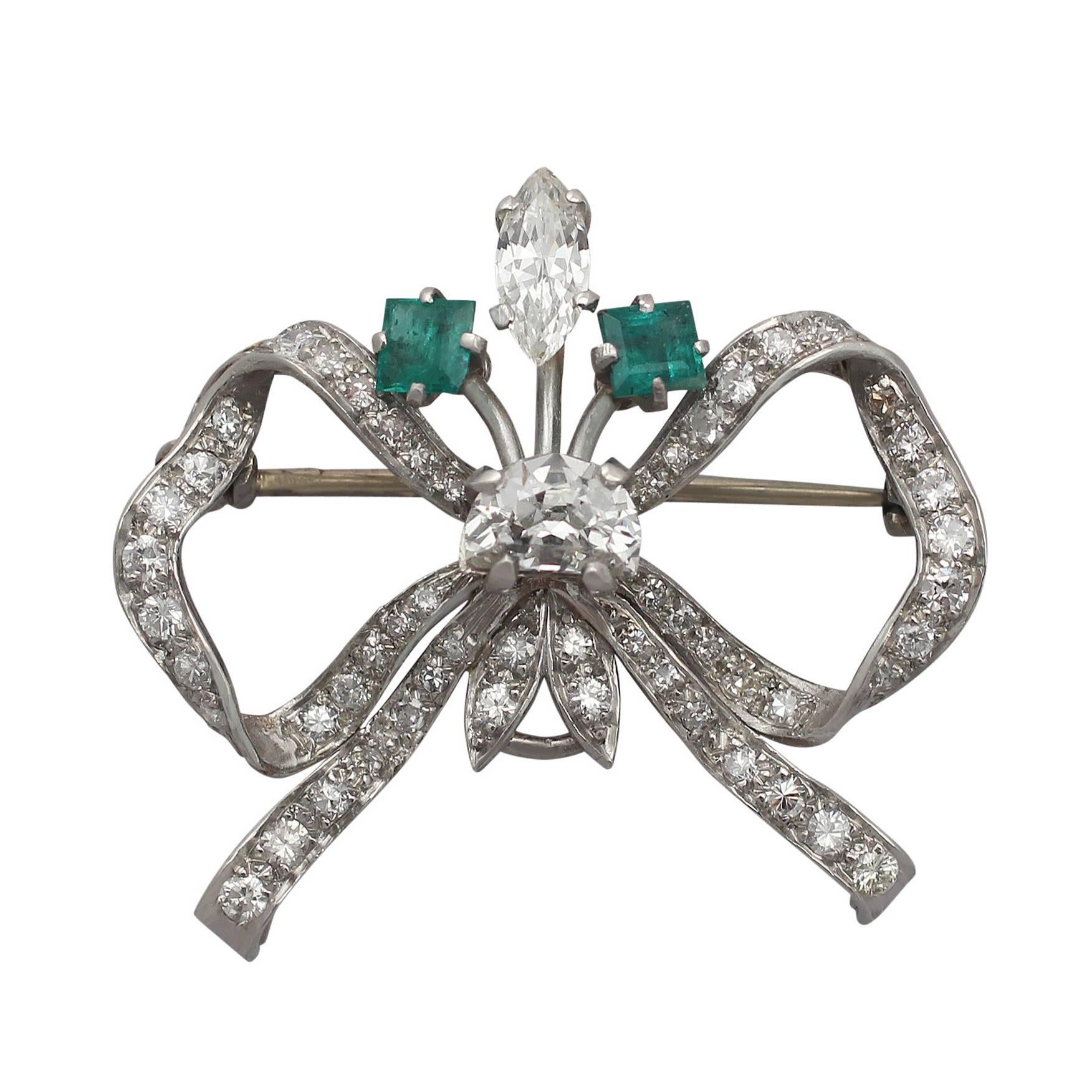2.42Ct Diamond & 0.52Ct Emerald, 18k White Gold Brooch - Vintage Circa 1950