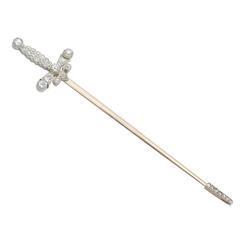 1.59Ct Diamond & 9k Yellow Gold Jabot Pin 'Sword' Brooch - Antique Edwardian 1