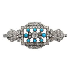 1.71Ct Diamond, Turquoise & 18k White Gold Brooch - Art Deco Style - Vintage 8