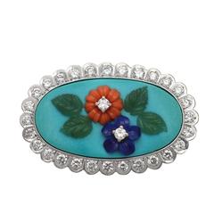 0.55Ct Diamond, Malachite, Coral and Jade Brooch - Vintage Circa 1960 1