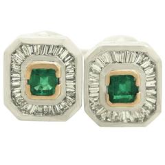 1980s Emerald Diamond Gold Platinum Earrings 2