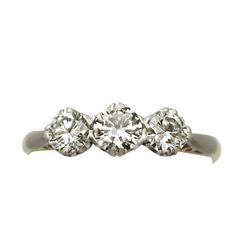0.75Ct Diamond & 18k Yellow Gold, Platinum Set Trilogy Ring - Vintage Circa 1950 7