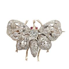 2.62Ct Diamond & 0.04Ct Ruby, 15k Yellow Gold Butterfly Brooch - Antique