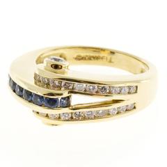 Charles Krypell Blue Sapphire Diamond Gold Curved Ring 7