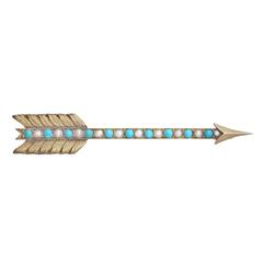 Turquoise, Pearl & 18k Yellow Gold Brooch (Arrow Shaped) - Antique George III