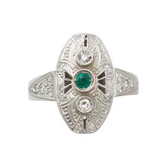 0.20Ct Diamond & 0.05Ct Emerald, Platinum Ring - Art Deco Style - Vintage