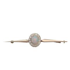 0.67Ct Opal & 0.52Ct Diamond, 9k Yellow Gold Bar Brooch - Antique Circa 1900 11
