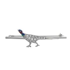 0.25Ct Diamond & Enamel, 9k White Gold 'Pheasant' Bar Brooch - Antique Victorian