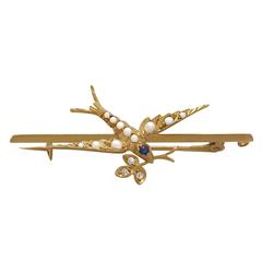 Sapphire, Diamond and Seed Pearl, 15k Yellow Gold 'Swallow' Bar Brooch 8