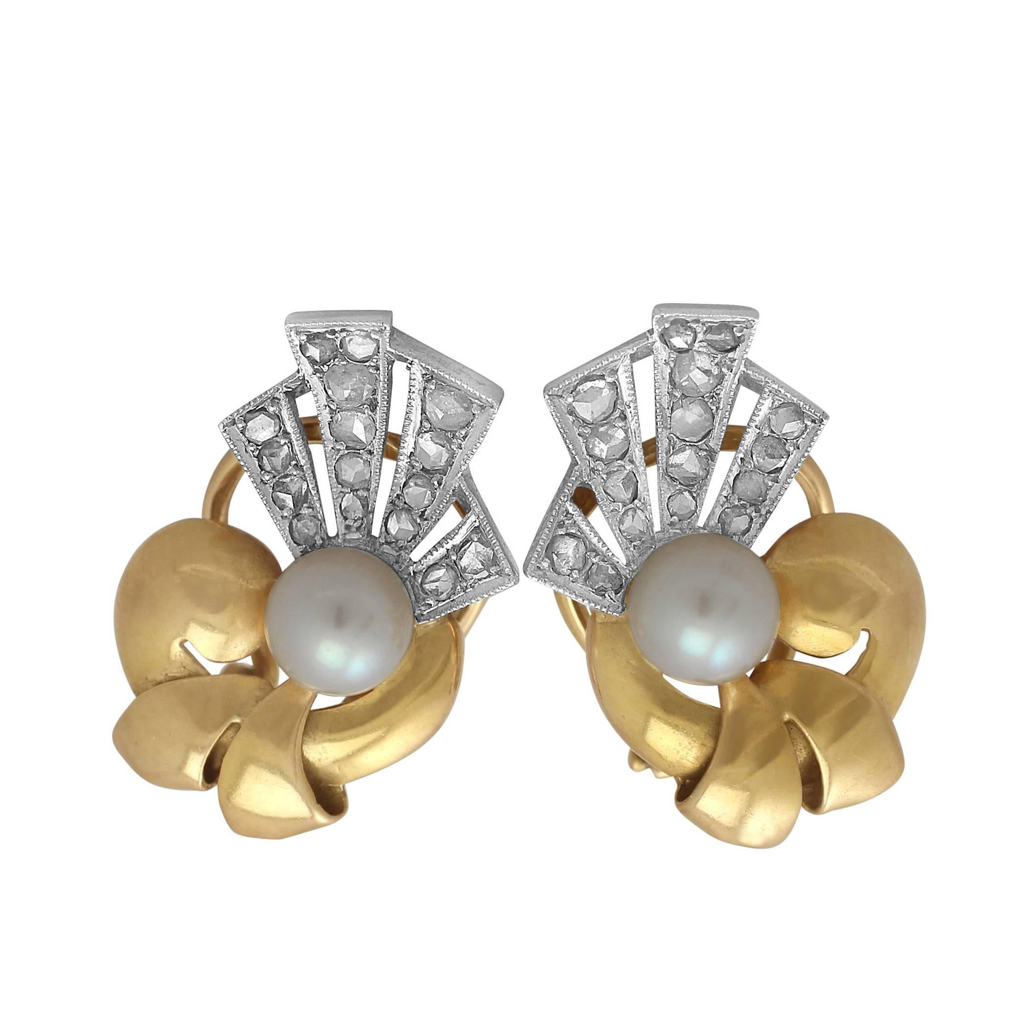 0.42Ct Diamond & Pearl, 18k Yellow Gold Stud Earrings - Art Deco Style - Vintage