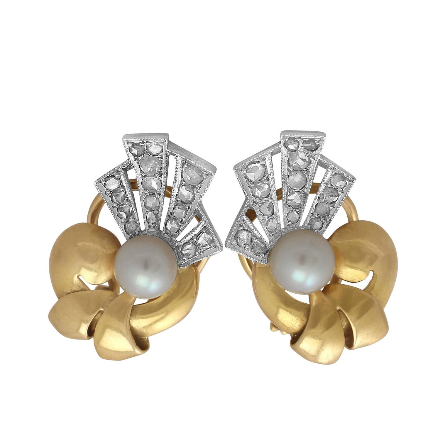 0.42Ct Diamond and Pearl, 18k Yellow Gold Stud Earrings Art Deco