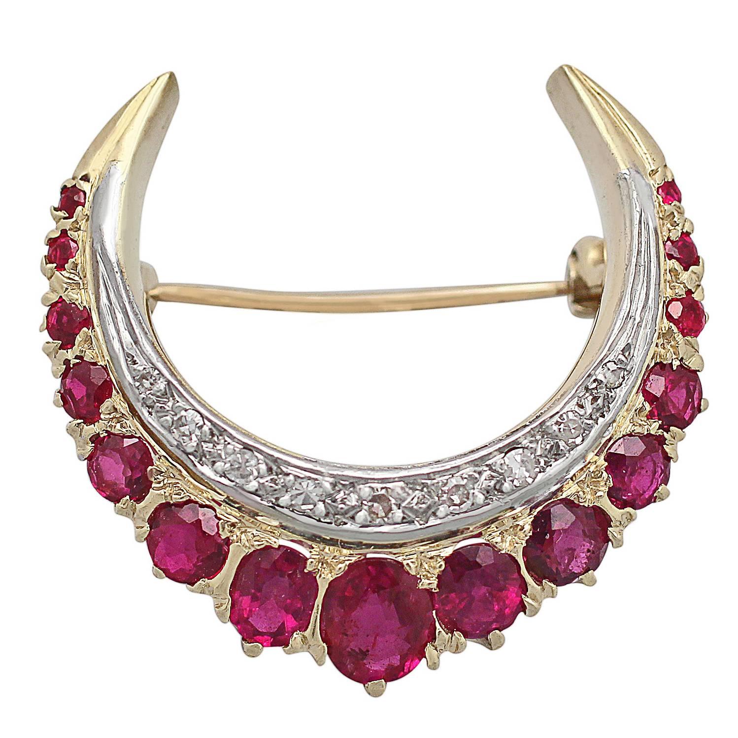 2.32Ct Ruby & 0.23Ct Diamond, 18k Yellow Gold Crescent Brooch - 1976