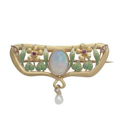 Opal, Diamond, Ruby & Pearl Enamelled 18k Yellow Gold Brooch, Antique Circa 1920