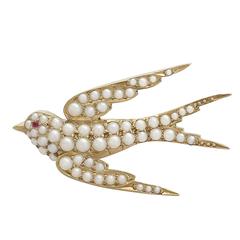 Pearl and Ruby, 15k Yellow Gold ' Swallow ' Brooch - Antique Victorian 6