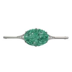 Jade and 0.03Ct Diamond, 9k White Gold Brooch - Vintage Circa 1940 6