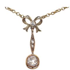 1.15Ct Diamond, 14k Yellow Gold Bow Pendant - Antique French Circa 1910 12