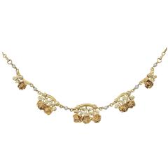 Two Tone 18k Yellow Gold & Pearl Necklace - Art Nouveau Style - Antique French 8