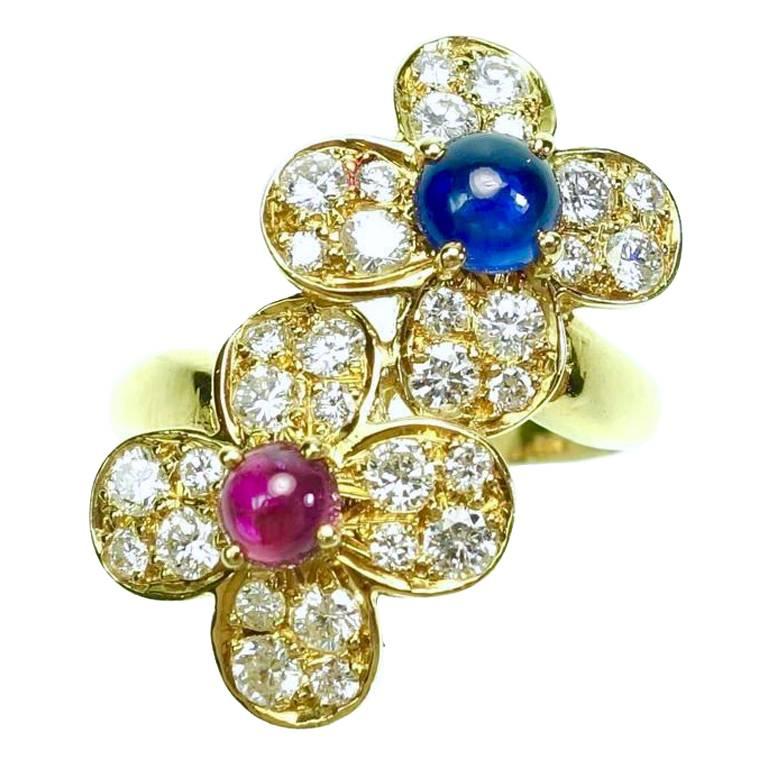 Van Cleef & Arpels Alhambra Trefle Ruby Sapphire Diamond Gold Double Flower Ring For Sale