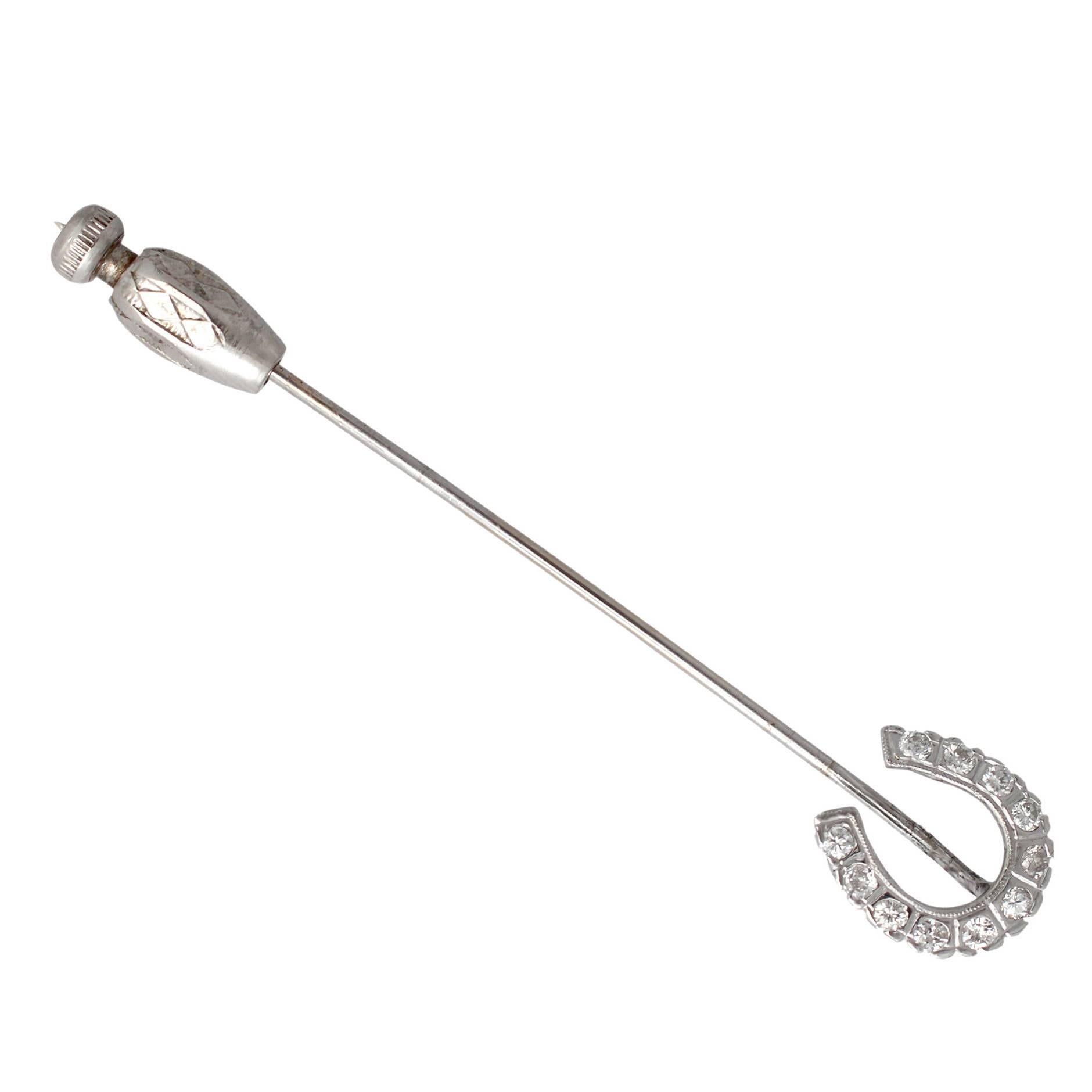 0.37Ct Diamond, 14k White Gold Horseshoe Pin Brooch - Vintage Circa 1940