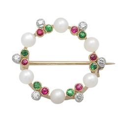 Pearl, 0.12Ct Diamond, Peridot & Ruby 9k Yellow Gold Brooch - Antique Circa 1910 12