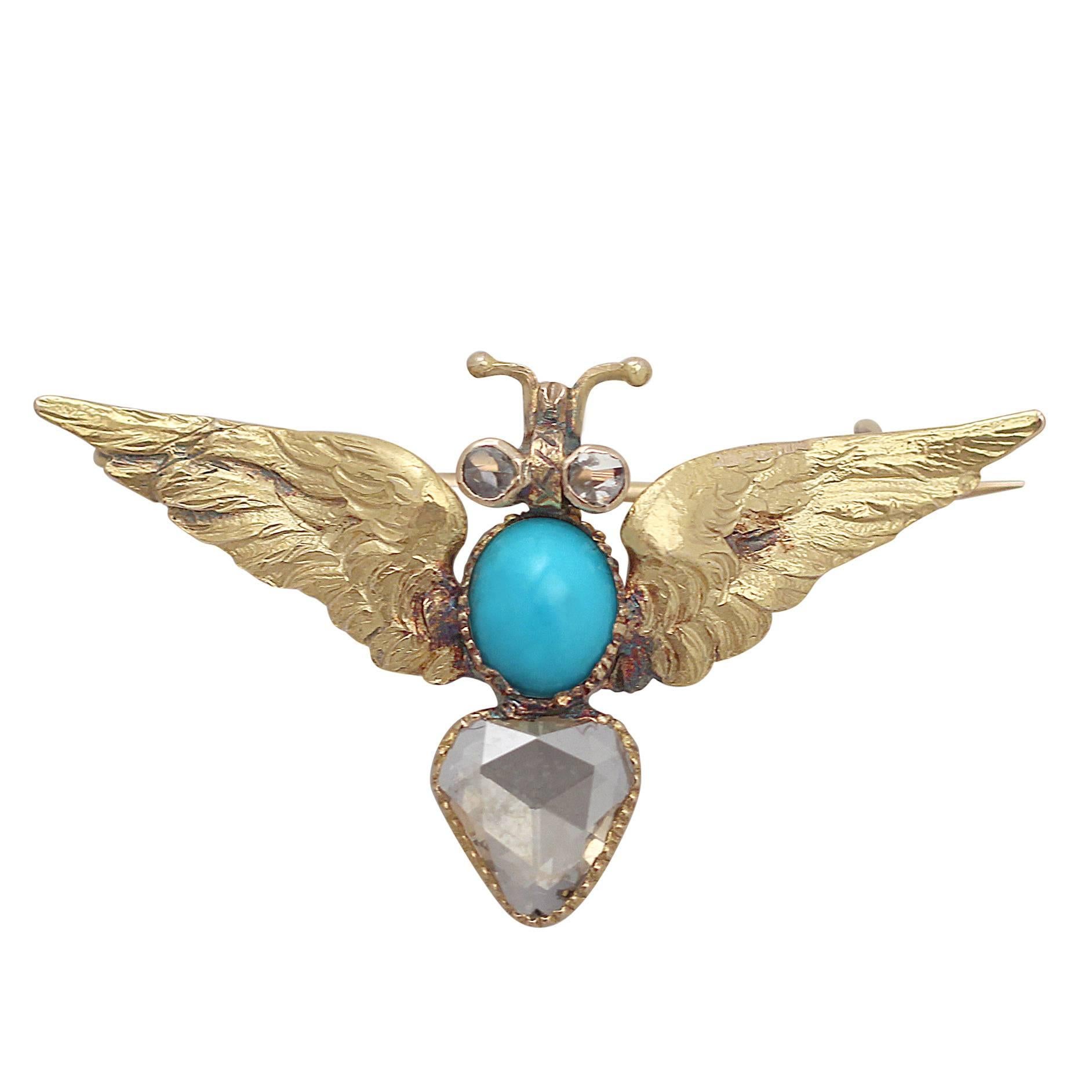 0.50Ct Diamond, Turquoise and 15k Yellow Gold Brooch - Antique Victorian