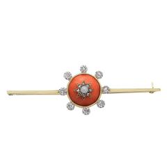0.66Ct Diamond, Coral & Pearl, 15k Yellow Gold Bar Brooch - Antique Victorian 5