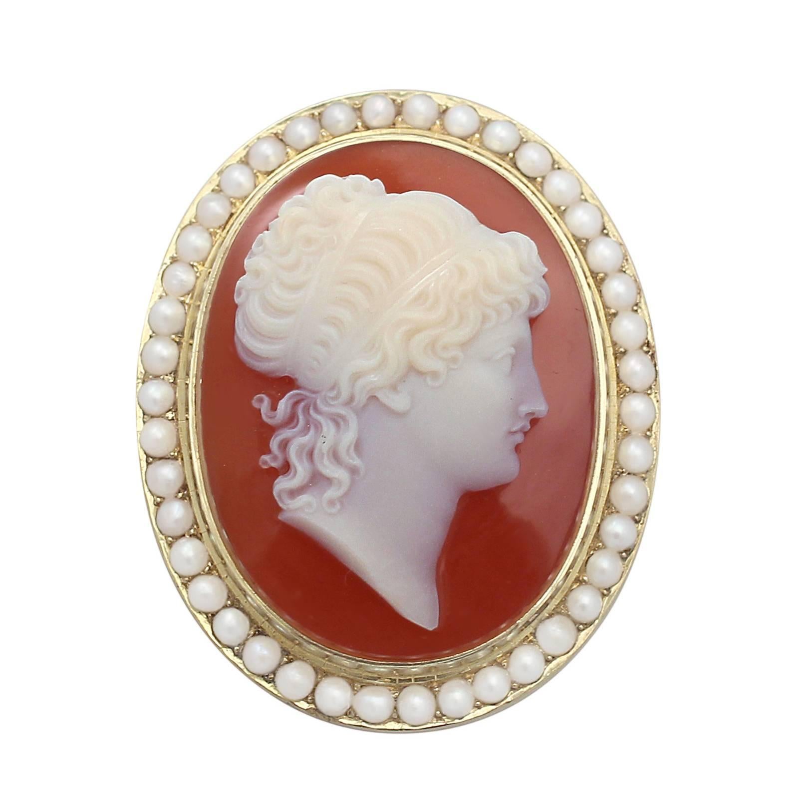 Cameo Brooch with Pearls, 15 Karat Yellow Gold, Antique Victorian
