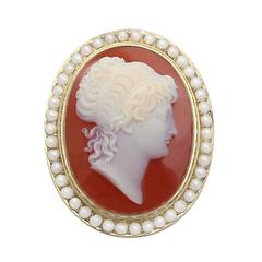Cameo Brooch with Pearls, 15k Yellow Gold - Antique Victorian 9
