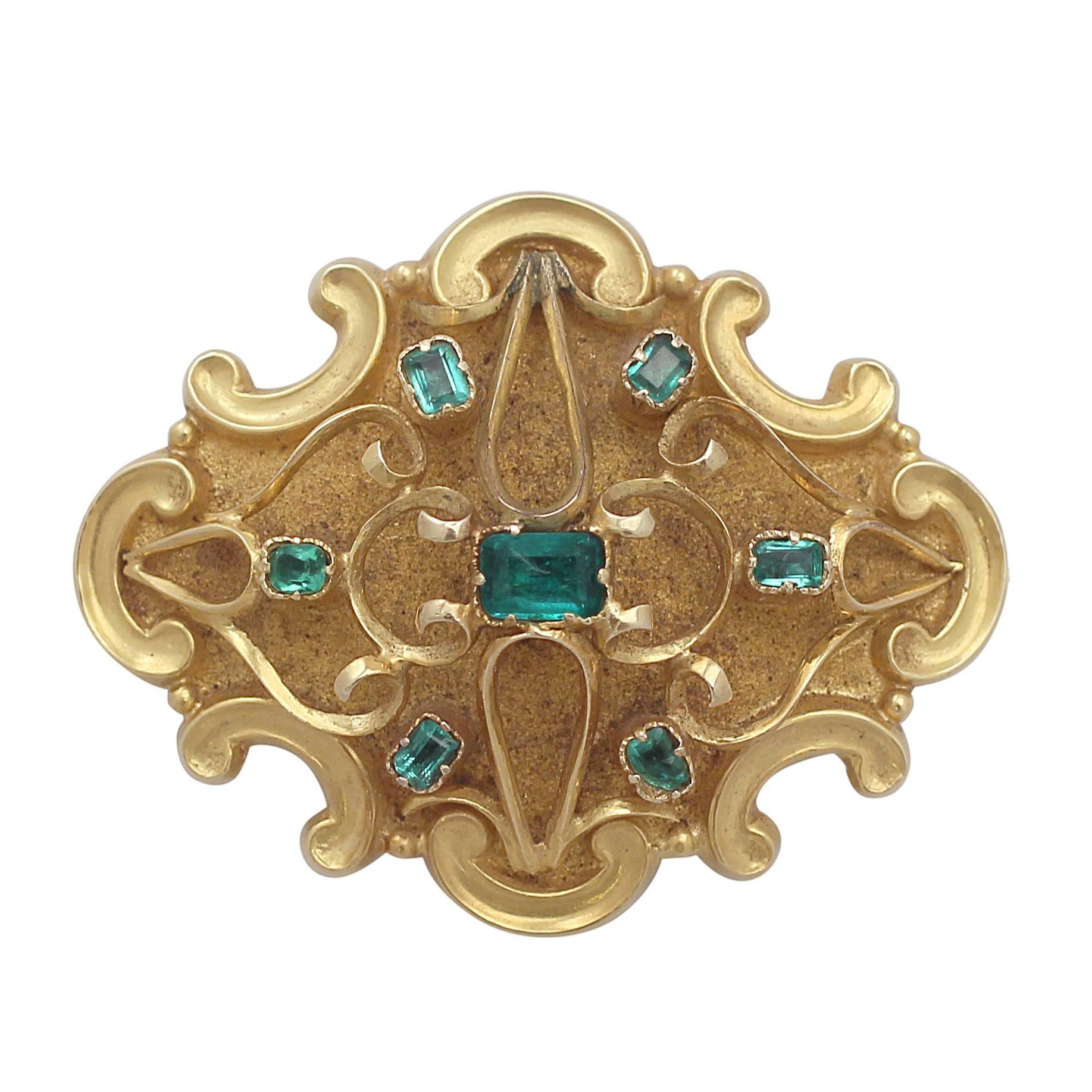0.62Ct Emerald and 18k Yellow Gold Mourning Brooch - Antique Victorian