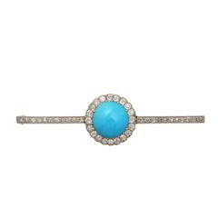 Turquoise and 1.56 ct Diamond, 15l Yellow Gold Bar Brooch - Antique Circa 1880