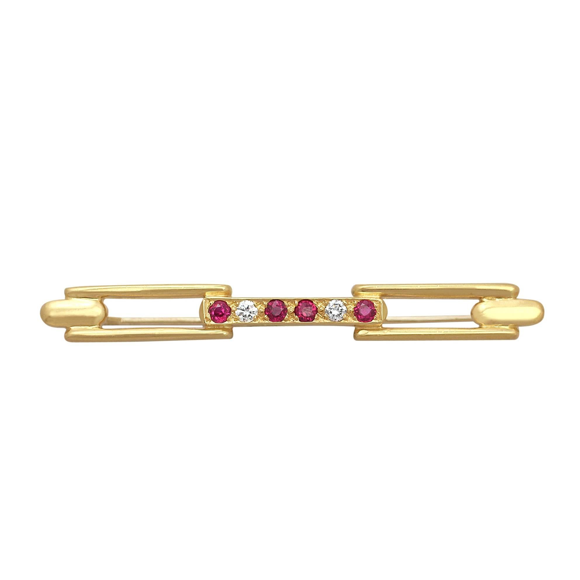 0.12 Ct Ruby, Diamond and 18 k Yellow Gold Brooch - Art Deco Style
