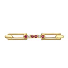0.12 Ct Ruby, Diamond and 18 k Yellow Gold Brooch - Art Deco Style