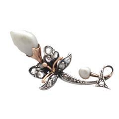 0.47Ct Diamond and Baroque Pearl, 9k Yellow Gold Brooch - Antique Victorian 3