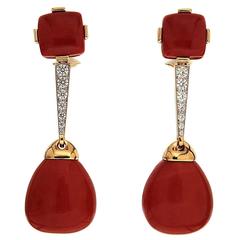 Sardinian Coral Pave Diamond Gold Drop Earrings