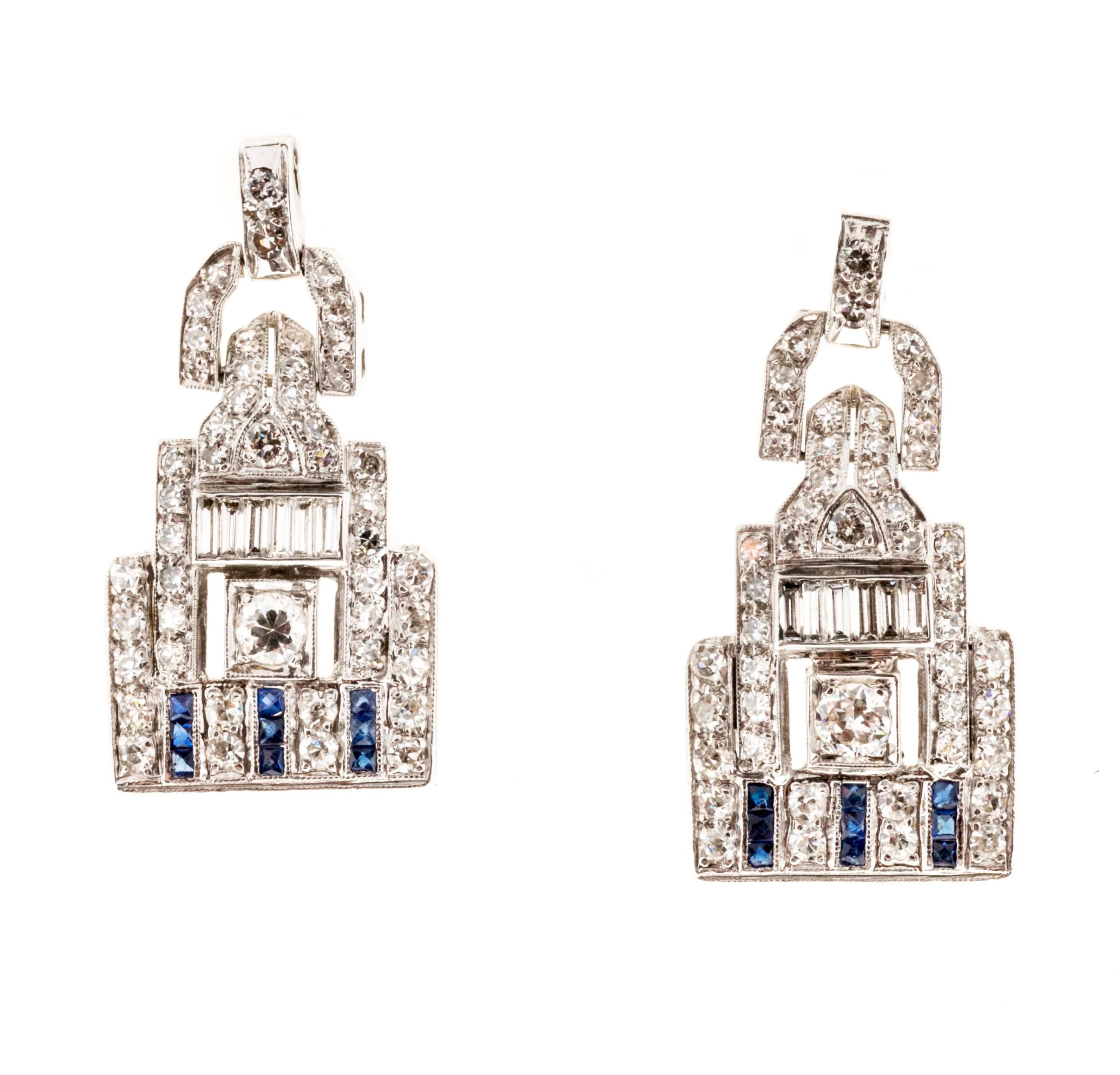 Diamond Calibre Blue Sapphire Platinum Dangle Earrings