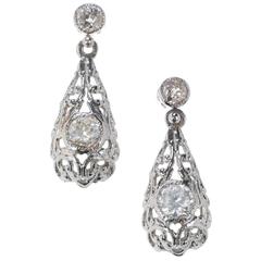 Old European Cut Diamond Tear Dangle Platinum Earrings 4