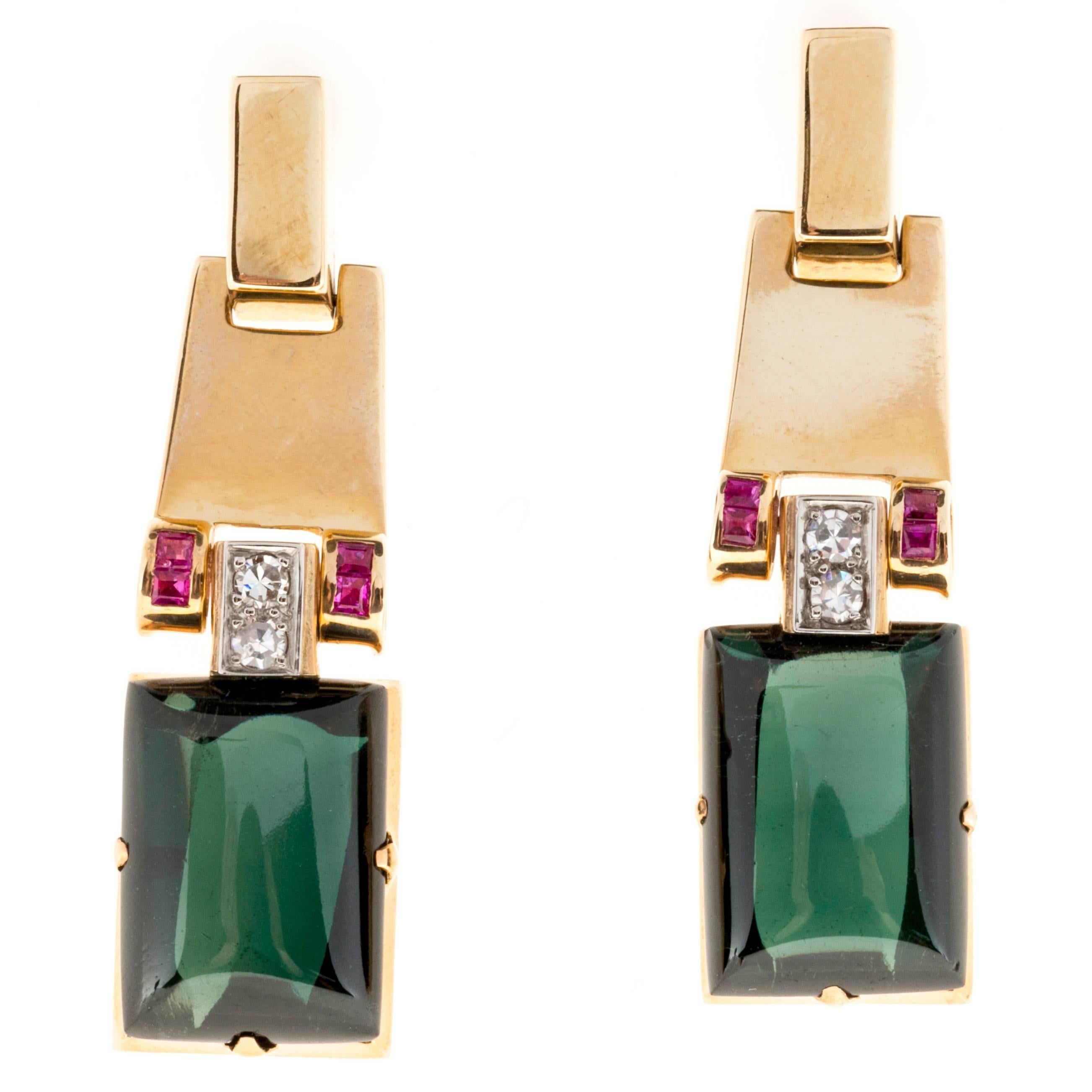 Cabochon Green Tourmaline Ruby Diamond Gold Dangle Earrings