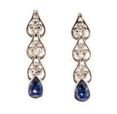 Pear Natural Sapphire Diamond Gold Dangle Earrings 8
