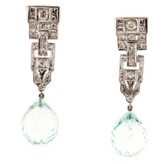 Aquamarine Briolette Diamond Engraved Platinum Dangle Earrings