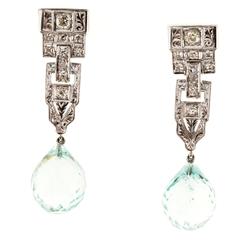 Aquamarine Briolette Diamond Engraved Platinum Dangle Earrings 8