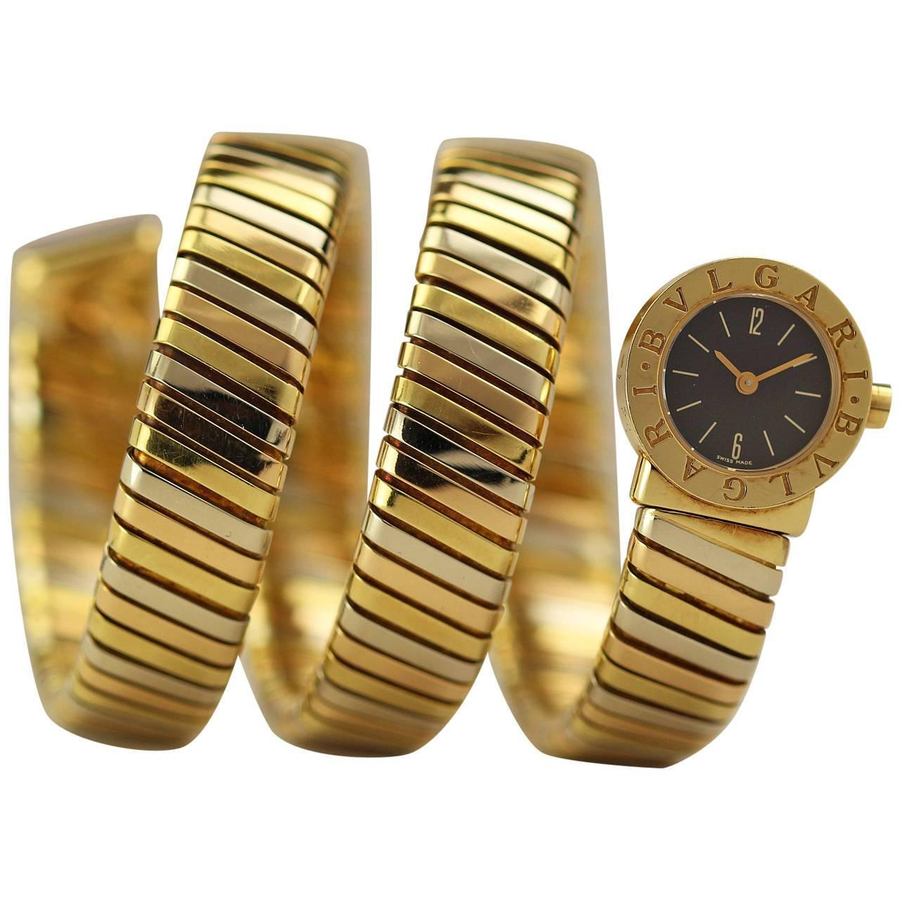 Bulgari Lady's Three Color Gold Tubogas Snake Quartz Bracelet Wristwatch